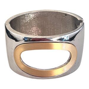 Vintage 1980s Two Tone Hinged Bracelet Silver Gold Tone Modernist - 6V